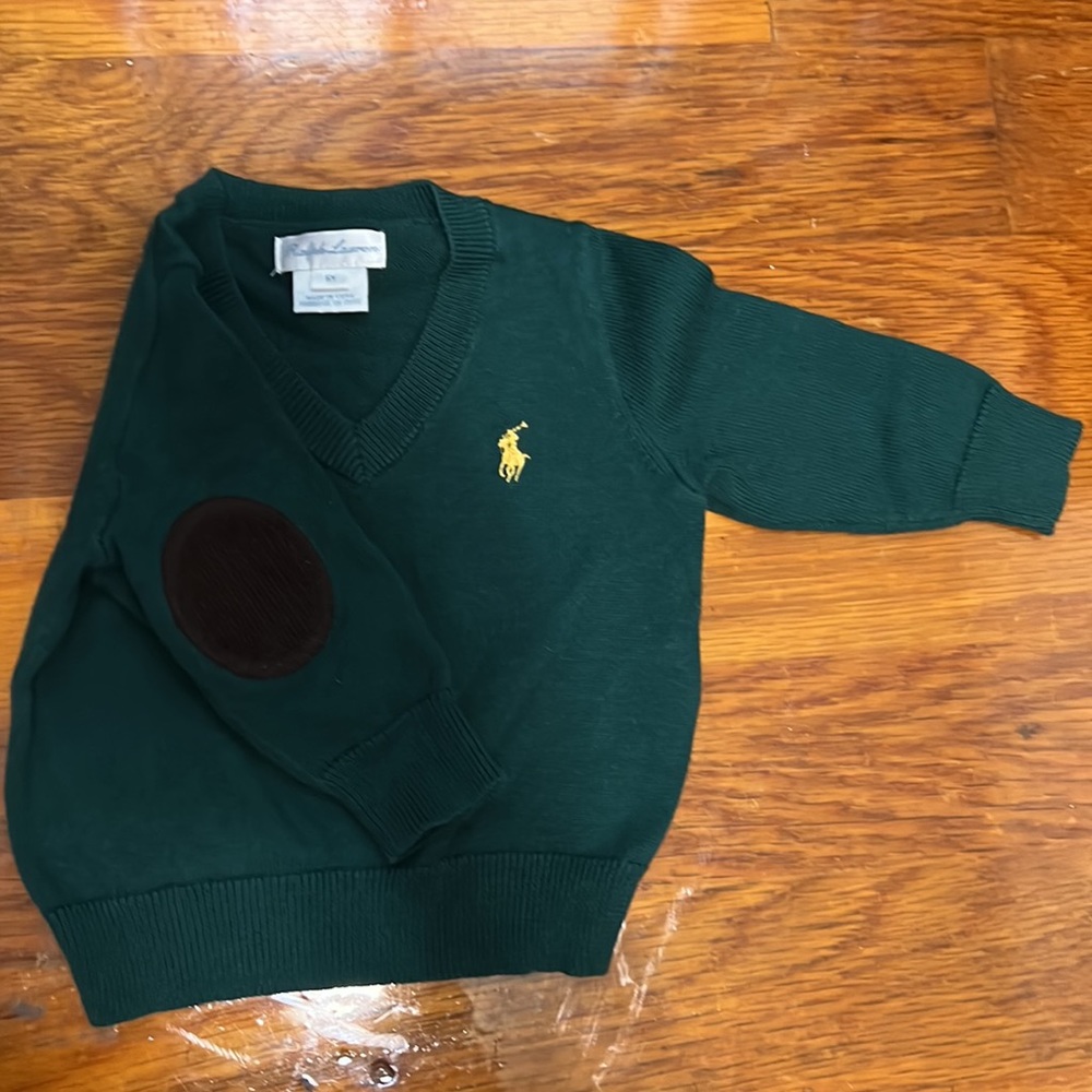 Ralph Lauren green sweater with brown corduroy elbow patch detail